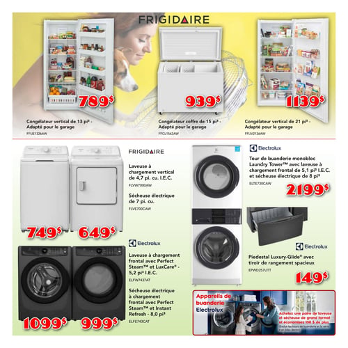 Meubles Bernard Tanguay - Page 3. La page présente une sélection d'électroménagers. En haut, trois congélateurs Frigidaire adaptés pour le garage sont affichés : un congélateur vertical de 13 pieds cubes à 789 $, un congélateur coffre de 15 pieds cubes à 939 $, et un congélateur vertical de 21 pieds cubes à 1139 $. Au centre gauche, un ensemble laveuse et sécheuse Frigidaire à chargement vertical est présenté. La laveuse de 4,7 pieds cubes I.E.C. est à 749 $ et la sécheuse électrique de 7 pieds cubes est à 649 $. Au centre droit, une tour de buanderie monobloc Electrolux avec une laveuse à chargement frontal de 5,1 pieds cubes I.E.C. et une sécheuse électrique de 8 pieds cubes est offerte à 2199 $. En bas à gauche, un ensemble laveuse et sécheuse Electrolux à chargement frontal est mis en vedette. La laveuse avec Perfect Steam et LuxCare de 5,2 pieds cubes I.E.C. est à 1099 $, et la sécheuse électrique avec Perfect Steam et Instant Refresh de 8,0 pieds cubes est à 999 $. En bas à droite, un piédestal Electrolux Luxury-Glide avec tiroir de rangement spacieux est disponible à 149 $. Une offre spéciale indique : "Achetez une paire de laveuse et sécheuse de grand format et économisez 150 $ de plus" (exclut les tours de buanderie et la série 4 en bleu denim).