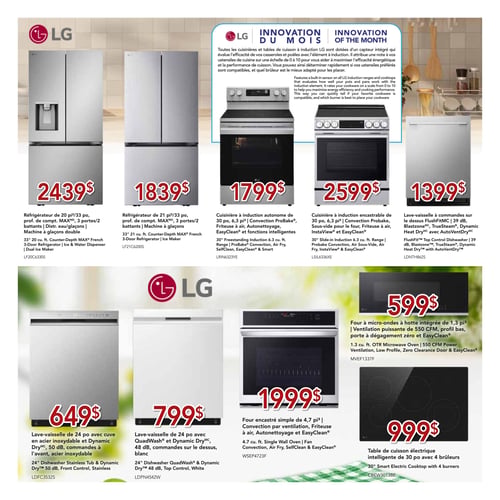 Circulaire Meubles Marchand - Blitz Prix d'Été - Page 2. La page met en vedette l'innovation du mois de LG, soulignant les cuisinières et tables de cuisson à induction dotées d'un capteur intégré pour évaluer l'efficacité de la cuisson. On y trouve un réfrigérateur de 20 pieds cubes, 3 portes/2 battants, avec distributeur d'eau et glaçons double, à 2439 $. Un autre réfrigérateur de 21 pieds cubes, 3 portes/2 battants, avec machine à glaçons est offert à 1839 $. Une cuisinière à induction autonome de 30 pouces, 6,3 pieds cubes, avec Convection ProBake, friteuse à air et autonettoyage est à 1799 $. Une cuisinière à induction encastrable de 30 pouces, 6,3 pieds cubes, avec Convection Probake, sous-vide pour le four et friteuse à air, est affichée à 2599 $. Un lave-vaisselle de 39 dB avec commandes sur le dessus, Blastzone et Dynamic Heat Dry est à 1399 $. En bas de page, un lave-vaisselle de 24 pouces avec cuve en acier inoxydable et commandes à l'avant est à 649 $. Un autre lave-vaisselle de 24 pouces, blanc, avec QuadWash et commandes sur le dessus est à 799 $. Un four encastré simple de 4,7 pieds cubes, avec convection par ventilation, friteuse à air et autonettoyage, est à 1999 $. Enfin, une table de cuisson électrique intelligente de 30 pouces avec 4 brûleurs est à 999 $.