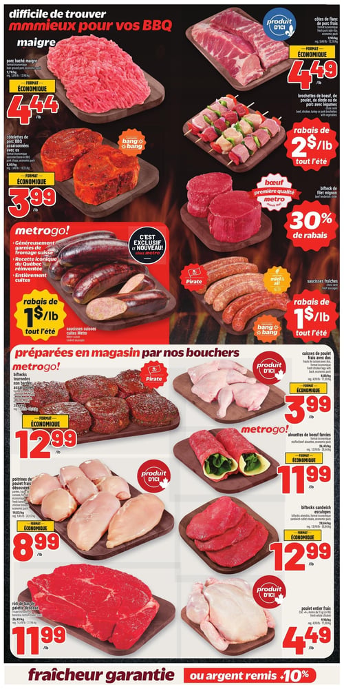 Circulaire Metro - Page 8. La page est dédiée aux produits de boucherie pour le BBQ. En haut, on trouve du porc haché maigre, format économique, à 4,44 $ la livre. À côté, des côtes de flanc de porc frais, format économique, à 4,49 $ la livre, identifiées "Produit d'ici". Des côtelettes de porc BBQ assaisonnées avec os, marinades "bang & bang", sont offertes à 3,99 $ la livre en format économique. Des brochettes de boeuf, de poulet, de dinde ou de porc avec légumes bénéficient d'un rabais de 2 $ la livre tout l'été. Le bifteck de filet mignon, boeuf première qualité Metro, est à 30 % de rabais.

La section "metrogo!" présente des saucisses suisses cuites Metro, généreusement garnies de fromage suisse, une recette du Québec réinventée et entièrement cuites, avec un rabais de 1 $ la livre tout l'été. Des saucisses fraîches, choix varié incluant les marinades "Pirate", "miel & ail" et "bang & bang", sont aussi à 1 $ de rabais la livre tout l'été.

Dans la section "préparées en magasin par nos bouchers metrogo!", des biftecks tournedos non bardés assaisonnés, marinades "Pirate", sont à 12,99 $ la livre en format économique. Des cuisses de poulet frais avec dos, "Produit d'ici", sont à 3,99 $ la livre en format économique. Des poitrines de poulet frais désossées, parées, hauts de cuisses, sont à 8,99 $ la livre en format économique. Des alouettes de boeuf farcies, "Produit d'ici", sont à 11,99 $ la livre en format économique. Un rôti de palette désossé, coupe européenne, est à 11,99 $ la livre. Des biftecks sandwich escalopes, tendris, sont à 12,99 $ la livre en format économique. Enfin, un poulet entier frais de catégorie "A" (moins de 2 kg), "Produit d'ici", est à 4,49 $ la livre. La page se termine par la mention "fraîcheur garantie ou argent remis +10%".