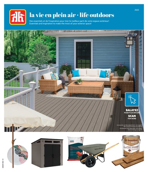 Essentiels pour aménager votre espace extérieur dans la Circulaire Home Hardware Circulaire Home Hardware - La Vie en Plein Air. Sur cette page, vous découvrirez des essentiels et de l’inspiration pour aménager votre espace extérieur. On y trouve un ensemble de meubles en osier comprenant un canapé avec des coussins bleu, une table basse en bois et une lanterne. Également présent, un parasol, un abri de jardin, un sac de terreau, une brouette Benchmark et des planches de bois BeautiTone. La page invite à balayer pour plus d'informations. Validité du 27 mars 2025 au 18 juin 2025.