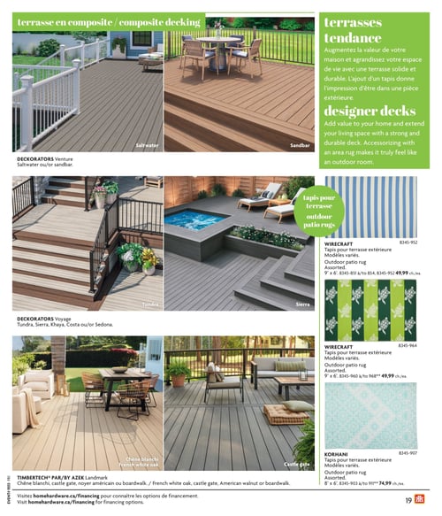 Terrasses en composite et tapis pour terrasse dans la Circulaire Home Hardware (page 19) Circulaire Home Hardware - La Vie en Plein Air. Page 19 présentant des terrasses en composite avec des modèles comme Venture Saltwater et Sandbar. Des options de decking incluent Sierra, ainsi que le chêne blanchi French white oak et Castle gate PAR/BY AZEK Landmark. Les tapis pour terrasse extérieure sont également affichés, à partir de 49,99 $ pour deux modèles et un modèle à 74,99 $.