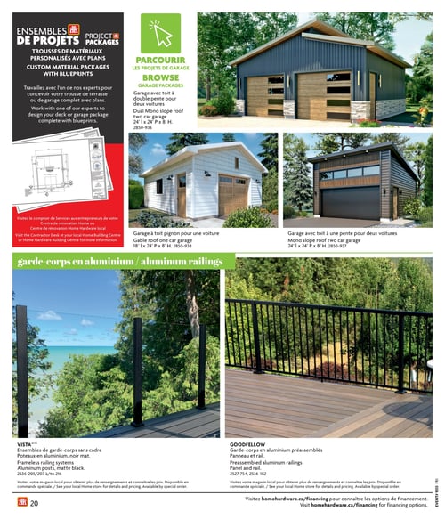 Garages et garde-corps en aluminium dans la Circulaire Home Hardware (page 20) Circulaire Home Hardware - La Vie en Plein Air, page 20. Découvrez une sélection de garages, incluant un garage avec toit à double pente pour deux voitures, un garage à toit pignon pour une voiture, et un garage avec toit à une pente pour deux voitures. La page présente également des ensembles de garde-corps sans cadre en aluminium noir mat ainsi que les garde-corps en aluminium préassemblés Goodfellow, comprenant panneau et rail.
