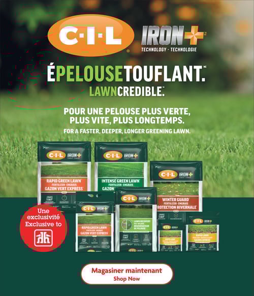 Produits C-I-L pour l'entretien du gazon dans la Circulaire Home Hardware (page 25) Circulaire Home Hardware - La Vie en Plein Air. Cette page présente une sélection de produits C-I-L pour l'entretien du gazon, incluant des engrais comme 'Rapid Green Lawn', 'Intense Green Lawn', et 'Winter Guard'. Le texte met en avant l'importance d'une pelouse plus verte, plus vite et plus longtemps. L'image souligne l'exclusivité de ces produits chez Home Hardware et encourage les clients à magasiner maintenant.