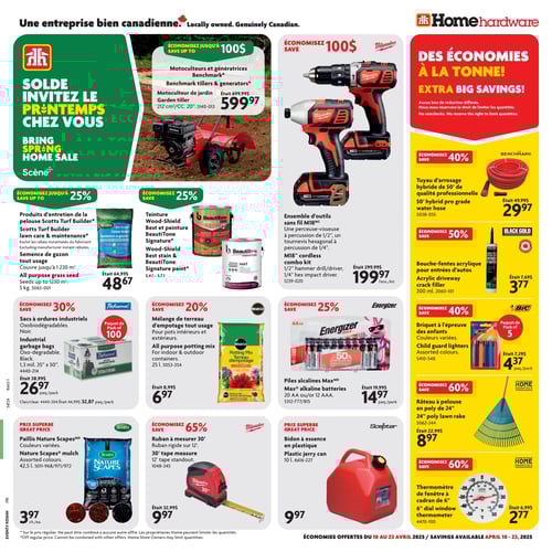 Offres variées sur outils et jardin dans la Circulaire Home Hardware Circulaire Home Hardware, valide du 10 avril 2025 au 23 avril 2025. Cette page présente une variété de produits incluant un motoculteur de jardin à 599,97 $, un ensemble d'outils sans fil M18mc à 199,97 $, ainsi qu'une teinture Wood-Shield et peinture BeautiTone Signature. On y trouve également des sacs à ordures industriels à 26,97 $ par paquet, du mélange de terreau d'empotage tout usage à 6,97 $, des piles alcalines MaxMD au prix de 14,97 $ par paquet, et un bidon à essence en plastique à 9,97 $. Des articles de jardin tels qu'un tuyau d'arrosage hybride de 50' à 29,97 $, un râteau à pelouse en poly de 24 po à 8,97 $, et du paillis Nature ScapeMD à 3,97 $ sont également disponibles. D'autres produits incluent une bouche-fentes acrylique pour entrées d'autos à 3,77 $, un briquet à l'épreuve des enfants à 4,37 $ par paquet, et un thermomètre de fenêtre à cadran de 6 po à 2,77 $.