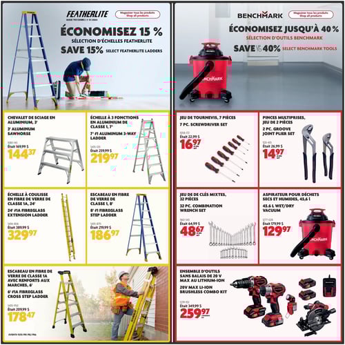 Échelles Featherlite et outils Benchmark en rabais chez Home Hardware Circulaire Home Hardware - Page 8: Sélection d'échelles Featherlite avec 15 % de rabais incluant l'escabeau en fibre de verre de classe 1 de 8' à 186,97 $, l'échelle à 3 fonctions en aluminium de classe 1 de 7' à 219,97 $, le chevalet de sciage en aluminium de 3' à 144,37 $, et l'échelle à coulisse en fibre de verre de classe 1A de 24' à 329,97 $. Offres sur les outils Benchmark, avec jusqu'à 40 % de rabais, comprenant l'aspirateur pour déchets secs et humides de 45,6 l à 129,97 $, le jeu de clés mixtes de 32 pièces à 48,67 $, le jeu de tournevis de 7 pièces à 16,97 $, et les pinces multiplis, jeu de 2 pièces à 14,97 $. L'ensemble d'outils sans balais de 20 V Max au lithium-ion est à 259,97 $.