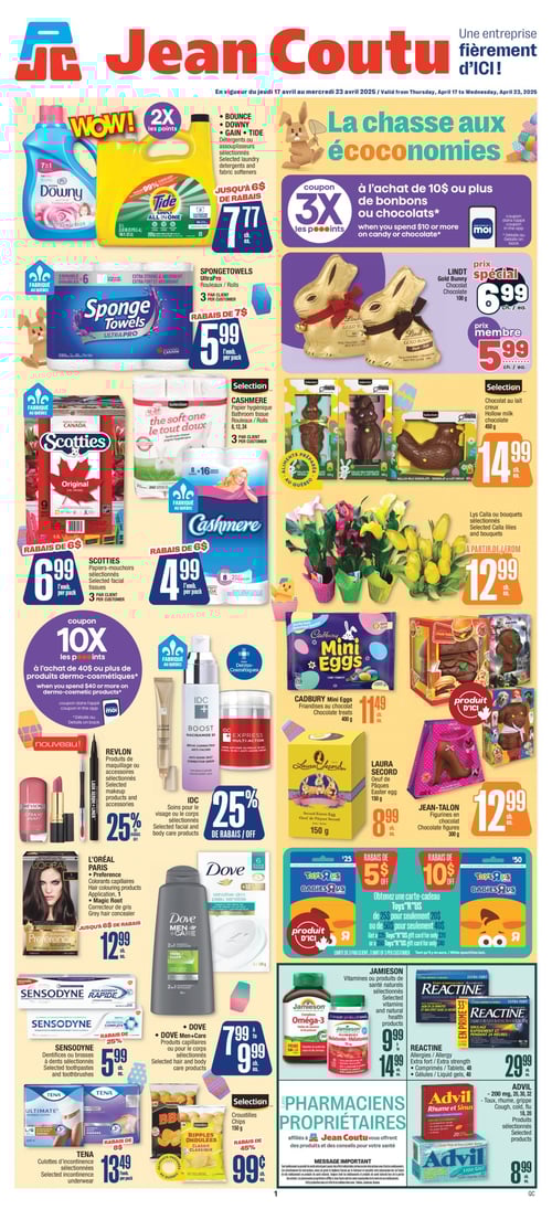 Promotions variées dans la Circulaire Jean Coutu, valide du 17 au 23 avril 2025 Circulaire Jean Coutu. Page dédiée à des promotions variées du 17 au 23 avril 2025. On y trouve les détergents et assouplisseurs sélectionnés Bounce, Downy, Gain, Tide à 7,77 $, les rouleaux de Sponge Towels Ultra Pro à 5,99 $, et le papier hygiénique Cashmere à 4,99 $. Également disponibles, les colorants capillaires L'Oréal Paris Preference à 12,99 $, et les figurines en chocolat Jean-Talon à 12,99 $. Les soins pour le visage ou le corps IDC sont en promo, ainsi que les produits Dove Men+Care à 7,99 $ et les dentifrices Sensodyne à 5,99 $. Pour les friandises, on trouve les Mini Eggs Cadbury à 11,49 $ et les chocolats Lindt Gold Bunny à 5,99 $. Les papiers-mouchoirs Scotties sont à 6,99 $, et les produits Jamieson à 9,99 $. Reactine pour les allergies est à 29,99 $, tandis que les culottes d'incontinence Tena sont à 13,49 $. Enfin, les croustilles sélectionnées sont à 0,99 $ et les œufs de Pâques Laura Secord à 8,99 $.