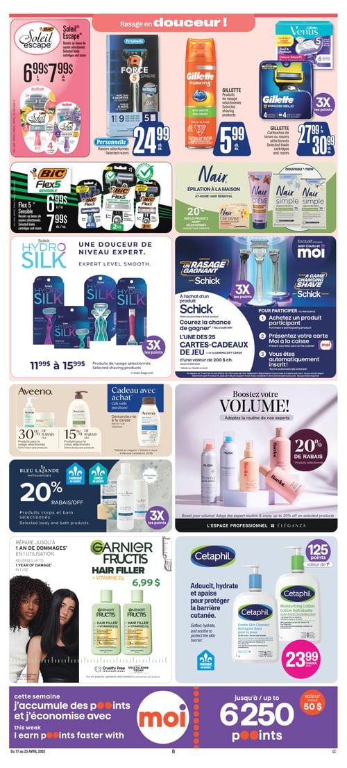 Divers produits de rasage et soins dans la Circulaire Jean Coutu (page 9) Circulaire Jean Coutu - La page présente divers produits de rasage et de soins, incluant des rasoirs ou lames de rasoirs BIC Soleil Escape et Flex 5 Sensible à 6,99 $. On trouve également des produits de rasage Gillette à partir de 5,99 $, ainsi que des cartouches de lames coûtant 27,99 $. Les rasoirs Personnel se vendent à 24,99 $. La page met en avant les produits Cetaphil à 23,99 $, ainsi que Garnier Fructis sur les produits capillaires à 6,99 $. D'autres marques telles que Nair, Schick, Aveeno, Rusk et Bleu Lavande sont mentionnées sans prix spécifiques. Des promotions sur des produits de corps et de bain sont également disponibles.