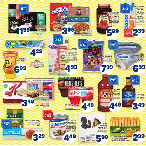 Produits du quotidien à prix doux au Marché Bonichoix : épicerie variée Circulaire Marché Bonichoix - Page 8. Cette page présente une sélection de produits comprenant des pâtes Pillsbury à 4,29 $, un cocktail de légumes V8 à 4,49 $, de la sauce BBQ Kraft à 3,49 $, ainsi qu'un jus de fruits ou cocktail de légumes Oasis à 2,39 $. On y trouve également des céréales Quaker à 3,99 $, la crème Québon ultra'crème à 4,99 $, et du fromage à la crème Philadelphia à 6,99 $. De plus, des bâtonnets de fromage Black Diamond à 7,99 $, des pâtes alimentaires Catelli supergreens à 3,29 $, et du café McCafé K-Cup à 11,99 $ sont proposés. La confiture ou gelée Smucker's est à 5,99 $, le lait condensé sucré Eagle Brand à 4,49 $, et des galettes de pommes de terre surgelées Cavendish à 2,99 $. Enfin, la pizza surgelée Ludo est à 5,99 $, le dessert réfrigéré Jell-O à 4,49 $, et du miel pur Billy Bee à 6,99 $. On trouve également des barres et tartelettes Kellogg's Special K à 3,49 $.