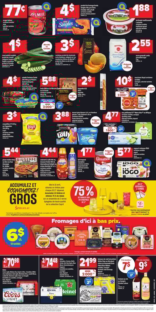 Promotions sur aliments, pizzas et boissons dans la Circulaire Maxi (page 2) Circulaire Maxi présentant divers produits alimentaires et boissons. On y trouve des pizza croûte mince ou lève-au-four Giuseppe Dr. Oetker au prix de 5,44 $, ainsi que de la tartinade traditionnelle Lactantia à 1,88 $. Le cantaloup et les mandarines Déllices du Marché sont proposés à 3,00 $, et le sucre granulé Lantic est affiché à 2,55 $. L'eau pétillante PC Menu Bleu ou M'Aqua coûte 4,77 $. D'autres produits incluent des concombres anglais à 1,00 $, du lait évaporé Carnation à 1,77 $, et une salade Fontaine Santé à 4,00 $. La sélection comprend également des fromages à bas prix à 6,00 $, du produit de fromage fondu Singles à 4,00 $, et des croustilles Lay's à 3,00 $. On trouve aussi du yogourt crémeux Iögo à 5,77 $, des baguettes Ace Blanc à 2,00 $, ainsi qu'un dessert glacé Breyers à 3,88 $. Le colorant à café International Delight est à 4,44 $. La bière Heineken et autres marques est présentée à 74,48 $, et des saucisses Royal à 10,00 $. Enfin, une boisson au vin ou sangria Nicolas Laloux est proposée à 7,00 $, tandis qu'une bière Coors Light coûte 70,98 $.