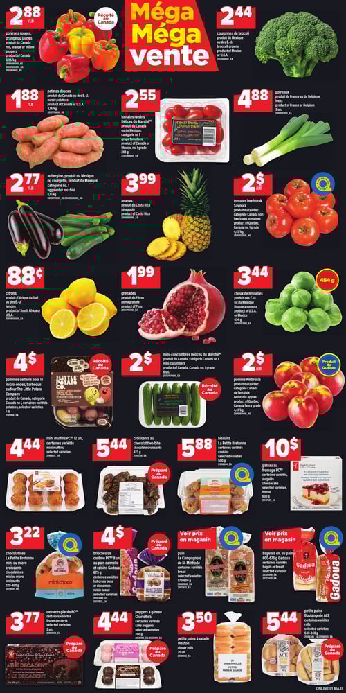 Promotions sur fruits, légumes et desserts dans la Circulaire Maxi (page 5) Circulaire Maxi, page 5. Produits en promotion incluant des poivrons rouges, orange ou jaunes à 2,88 $, des patates douces à 1,88 $, et des tomates raisins Délices du Marché à 2,55 $. On trouve également des couronnes de brocoli à 2,44 $, des poireaux à 4,88 $, ainsi que des choux de Bruxelles à 3,44 $. Côté desserts, des mini muffins PC pour 4,44 $, et des croissants au chocolat Two-Bite à 5,44 $. Autres produits visibles : pommes Ambrosia à 2,00 $, ananas à 3,99 $, biscuits La Petite Bretonne à 5,88 $, ainsi que des petits pains à salade Weston à 3,50 $.