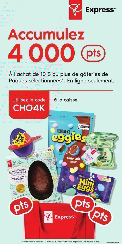 Offre spéciale pour les gâteaux de Pâques dans la Circulaire Maxi Circulaire Maxi - Page 19. Offre spéciale pour accumuler 4 000 points à l'achat de 10 $ ou plus de gâteaux de Pâques sélectionnés, valable en ligne uniquement. Utilisez le code CHO4K à la caisse. Les produits présentés incluent les œufs crémeux Cadbury, les Hershey's Eggies, et les Cadbury Mini Eggs, ainsi qu'un kit de décoration Choc-o-Doodle.