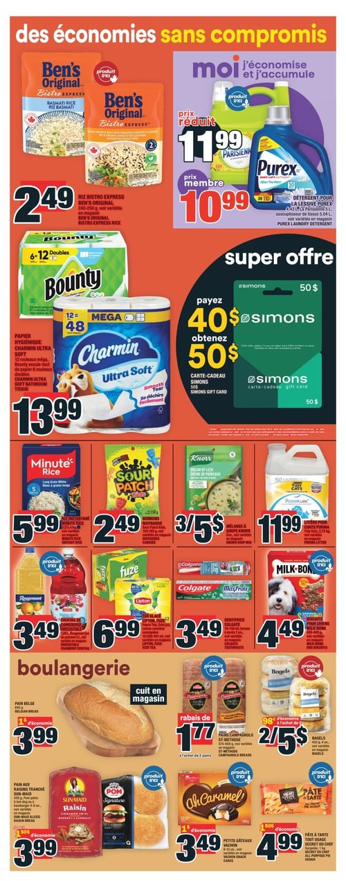 Produits du quotidien à prix bas chez Super C - Page 12 Circulaire Super C - Page 12. Cette page présente une sélection de produits avec des économies, incluant Riz Bistro Express Ben's Original à 2,49 $, Détergent pour la lessive Purex à 10,99 $, Litière pour chats Purina à 11,99 $, Papier hygiénique Charmin Ultra Soft à 13,99 $, Bonbons Maynards à 2,49 $, Dentrifice Colgate à 3,49 $, Petit gâteaux Vachon à 3,49 $, Pain belge à 3,99 $, Pain aux raisins tranché Sun-Maid à 3,99 $, Riz instantané Minute Rice à 5,99 $, Thé glacé Lipton, Fuze à 6,99 $, Mélange à soupe Knorr à 5,00 $, Biscuits pour chiens Milk-Bone à 4,49 $, Pains Campagnolo St-Méthode, Bagels à 5,00 $, Pâte à tarte tout usage Secret du Chef à 4,99 $.