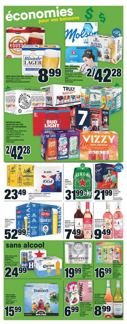 Économies sur les boissons et bières à Super C - Page 13 Circulaire Super C, page 13 : Économies sur les boissons, incluant les bières désalcoolisées Sélection à 8,99 $, la bière Sleeman Clear 2.0 à 52,99 $, la bière sans alcool Corona Cero à 24,99 $, et la sangria Nicolas Laloux à 7,49 $. Autres produits : bière Heineken à 31,99 $, cocktail pétillant non alcoolisé Romeo's Gin à 16,99 $, et le cooler léger Casal Domingo à 15,99 $. Également disponible, la boisson alcoolisée sangria Pepito à 21,99 $ et le vin Nicolas Laloux à 9,49 $. Les boîtes Bud Light, Truly, et d'autres boissons se trouvent également avec des offres spéciales.