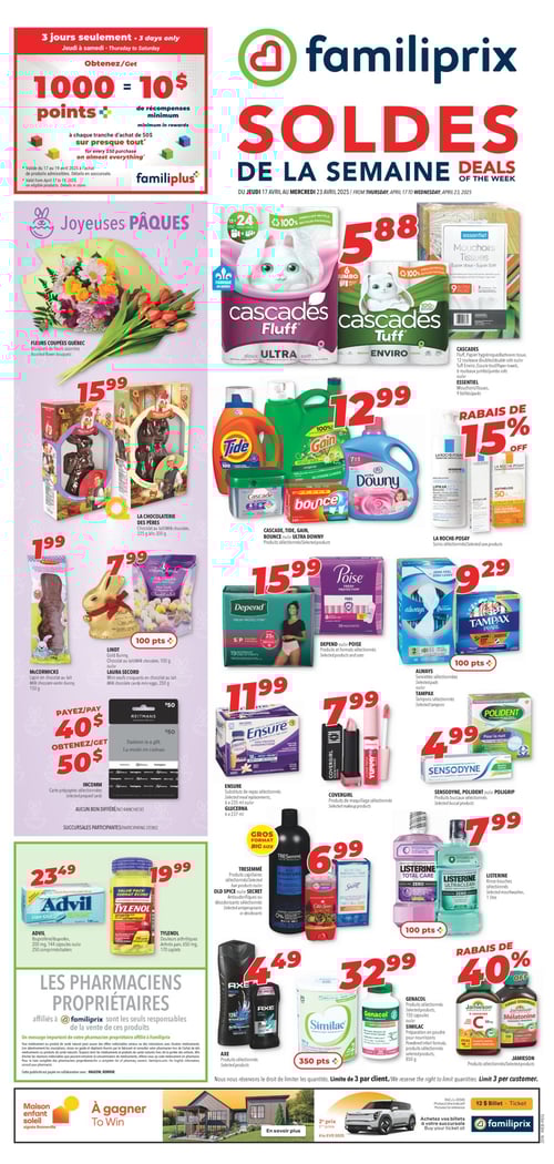 Offres variées et promotions à Familiprix – Circulaire de la semaine Circulaire Familiprix - Page 1. Découvrez les soldes de la semaine avec des produits variés tels que TIDE à 12,99 $, Cascades Fluff Ultra à 5,88 $, et Lindt Gold Bunny à 7,99 $. Profitez également d'Advil à 23,49 $ et de Tylenol à 19,99 $. Des offres sur Ensure pour 11,99 $ et des produits des marques La Roche-Posay, AXE, et Sensodyne sont aussi disponibles. Ne manquez pas les antisudorifiques Old Spice à 6,99 $ et les serviettes Always à 9,29 $. D'autres articles incluent des fleurs coupées du Québec, des mouchoirs Essentiel à 5,88 $, ainsi que Genacol à 32,99 $ et TRESemmé à 6,99 $. Les chocolats de la Chocolaterie des Pères à partir de 15,99 $ ajoutent une touche festive à cette circular. De nombreuses offres sont valables du 17 au 23 avril 2025.