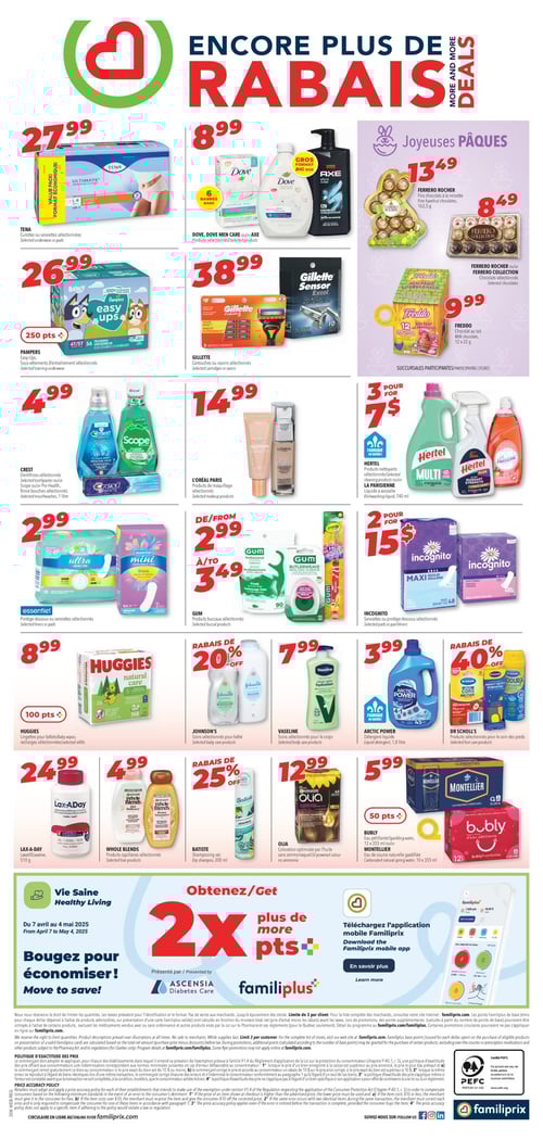 Promotions sur les produits de soin et d'hygiène chez Familiprix (page 2) Circulaire Familiprix - Page 2 : Découvrez de nombreuses promotions dont le Lax-A-Day à 24,99 $, le Chocolat Freddo à 9,99 $, les serviettes Essentiel à 2,99 $, les Lingettes Huggies pour bébés à 8,99 $, et les produits Dove à 8,99 $. Profitez également d'offres sur le Gillette à 38,99 $, le Vaseline à 7,99 $, et le Batiste à prix réduit. Ne manquez pas les produits L'Oréal Paris à 14,99 $ et les shampoings Whole Blends à 4,99 $. Vous trouverez aussi les soins Johnson's pour bébés et d'autres produits en promotion. La page met en avant la gamme de produits de nettoyage Hertel ainsi que les offres sur le Champagne Montellier à 5,99 $.