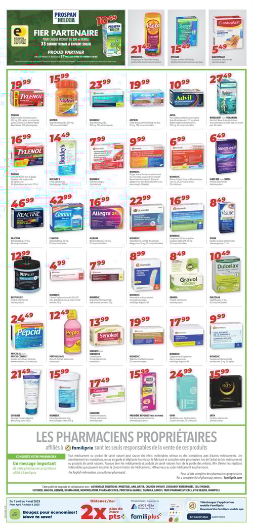 Produits de santé et bien-être en vente chez Familiprix (page 3) Circulaire Familiprix - Page 3. Produits de santé et bien-être avec divers médicaments et traitements. On peut trouver : CUTIBase, crème hydratante 260 g à 21,49 $, DEEP RELIEF à 12,99 $, CANESTEN à 17,49 $, BIOMEDIC pastilles à 7,99 $, METAMUCIL à 21,49 $, BIOMEDIC complète formule jour et nuit à 9,99 $, SYSTANE à 15,49 $, REACTINE à 46,99 $, MOTRIN à 15,99 $, ROBAXACET ou ROBAXISAL à 27,49 $, ASPIRIN à 19,99 $, SLEEP-EZE à 6,49 $, DULCOLAX à 10,49 $, VISINE à 8,49 $, SENOKOT à 13,99 $, ELASTOPLAST à 5,49 $, CLARITIN à 42,99 $, et plusieurs autres produits de santé. Une section souligne l'importance des pharmaciens propriétaires dans la vente de ces produits.