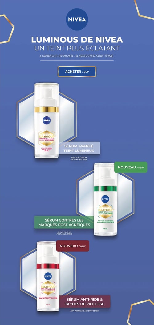 Nouveaux produits Luminous de Nivea chez Familiprix (page 4) Circulaire de Familiprix, page 4. Présentation des produits Luminous de Nivea. Trois sérums sont mis en avant : le sérum avancé teint lumineux, un sérum contre les marques post-acnéiques et un sérum anti-rides et taches de vieillesse. Des éléments graphiques modernes et un fond bleu accueillent ces produits innovants, signalés comme nouveaux. Chaque produit contribue à améliorer le teint et la texture de la peau.