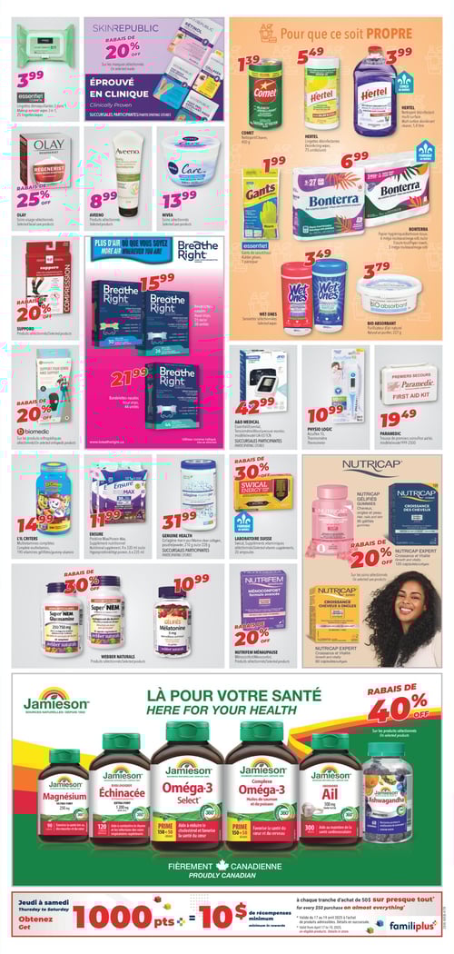 Soins personnels et promotions attractives dans la circulaire Familiprix (page 5) Circulaire Familiprix - Page 5. Cette page affiche divers produits du magasin Familiprix. On y trouve des masques Skin Republic, ainsi que des soins Olay et Avène. Le nettoyant Comet est proposé à 1,39 $, et le désinfectant Hertel à 3,99 $. Les bandelettes Breathe Right de 26 ou 30 unités sont disponibles au prix de 15,99 $. On trouve également des gants de caoutchouc Essentiel à 1,99 $ et les serviettes Wet Ones à 3,49 $. Les produits de la marque Jamieson sont en promotion, ainsi que le supplément nutritionnel Ensure à 11,99 $. La trousse de premiers soins Paramedic est offerte à 19,49 $. D'autres produits comme le collagène Genuine Health et le Nutricap Expert complètent l'offre sur cette page.