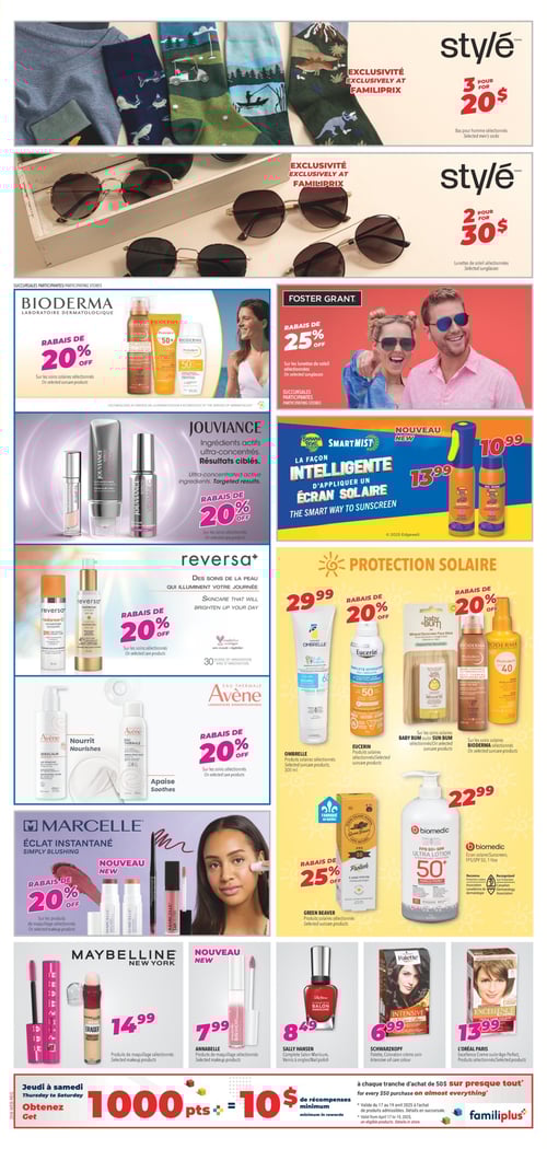 Soins et maquillage variés en promotion dans la circulaire Familiprix (page 11) Circulaire Familiprix - Page 11. Cette page présente divers produits de soins et de maquillage. On y trouve des produits de la marque Annabelle au prix de 7,99 $, ainsi que des lunettes de soleil sélectionnées à 30,00 $. Les soins solaires de Green Beaver et Bioderma sont également mis en avant. Les produits de maquillage de Maybelline New York sont à 14,99 $. En matière de protection solaire, on retrouve la gamme Banana Boat à partir de 10,99 $ et 13,99 $. Les soins JOUVIANCE et REVERSA affichent des rabais, tout comme les produits de la marque Marcelle. Ombrelle propose des soins solaires à 29,99 $, et Biomedic offre un écran solaire FPS SPF 50 à 22,99 $. Des rabais varient entre 20 % et 25 % sur plusieurs produits sélectionnés.