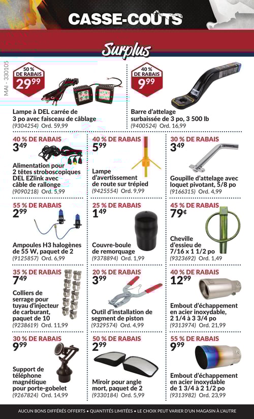 Sélection d'outils et d'accessoires dans la Circulaire Princess Auto, page 2 Circulaire Princess Auto - Casse-Coûts. Page 2 présente une sélection de produits tels que l'embout d'échappement en acier inoxydable de 1 3/4 à 2 1/2 po à 9,99 $, les ampoules H3 halogènes de 55 W, paquet de 2 à 2,99 $, et l'alimentation pour 2 têtes stroboscopiques DEL EZlink avec câble de rallonge à 3,49 $. On y trouve aussi une lampe à DEL carrée de 3 po avec faisceau de câblage à 29,99 $, la cheville d'essieu de 7/16 x 1 1/2 po à 0,79 $, et le couvre-boule de remorquage à 1,49 $. D'autres articles incluent la goupille d'attelage avec loquet pivotant de 5/8 po à 3,49 $, le support de téléphone magnétique pour porte-gobelet à 9,99 $, l'embout d'échappement en acier inoxydable de 2 1/4 à 3 3/4 po à 12,99 $, le miroir pour angle mort, paquet de 2 à 2,99 $, la lampe d'avertissement de route sur trépied à 5,99 $, les colliers de serrage pour tuyau d'injecteur de carburant, paquet de 10 à 7,49 $, la barre d'attelage surbaissée de 3 po, 3 500 lb à 9,99 $, et l'outil d'installation de segment de piston à 3,99 $.