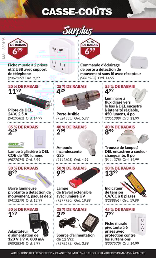 Sélection d'outils et équipements à rabais dans la Circulaire Princess Auto, page 4 Circulaire Princess Auto - Casse-Coûts. Page présentant une sélection de produits avec divers rabais. On y trouve l'indicateur de tension CA/CC à 8 plages au prix de 13,99 $, la lampe à glissière à DEL COB de 400 lumens à 2,49 $, le pilote de DEL de 24 V, 2,5 A à 11,99 $, et la lampe de travail extensible avec lumière UV à 9,99 $. D'autres articles incluent la source d'alimentation de 12 Vcc à 2,99 $, la trousse de lampe à DEL encastrée à couleur changeante de 8 po à 8,99 $, une fiche murale pivotante à 6 prises avec protection contre les surtensions à 7,99 $, ainsi qu'une ampoule incandescente G25 à 2,99 $. La page présente également une commande d'éclairage de porte à détection de mouvement sans fil avec récepteur à 6,99 $, un porte-fusible à 4,29 $, un luminaire à flux dirigé vers le bas à DEL encastré à intensité réglable, 450 lumens de 4 po à 4,99 $, un adaptateur d'alimentation de 120 V à 9 V, 800 mA à 1,99 $, et enfin, une fiche murale à 2 prises et 2 USB avec support de téléphone au prix de 6,99 $.