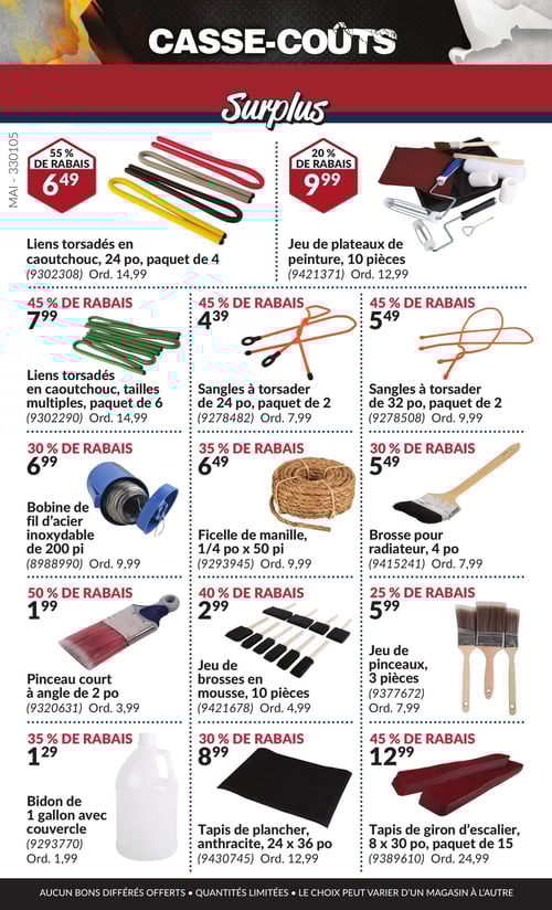 Artisanat et équipement divers en promotion dans la Circulaire Princess Auto, page 13 Circulaire Princess Auto - Casse-Coûts. Cette page présente une sélection de produits avec des rabais variés. On y trouve le jeu de brosses en mousse de 10 pièces à 2,99 $, la bobine de fil d'acier inoxydable de 200 pi à 6,99 $, et le jeu de plateaux de peinture de 10 pièces à 9,99 $. Le pinceau court à angle de 2 po est proposé à 1,99 $, tandis que les sangles à torsader de 24 po, paquet de 2, sont à 4,39 $. Pour les tapis, le tapis de giron d'escalier de 8 x 30 po, paquet de 15, est à 12,99 $, et le tapis de plancher anthracite de 24 x 36 po est à 8,99 $. La ficelle de manille de 1/4 po x 50 pi est à 6,49 $, les liens torsadés en caoutchouc, tailles multiples, paquet de 6, sont à 7,99 $, et ceux de 24 po, paquet de 4, à 6,49 $. On trouve également les sangles à torsader de 32 po, paquet de 2, à 5,49 $, la brosse pour radiateur de 4 po à 5,49 $, et le jeu de pinceaux de 3 pièces à 5,99 $.