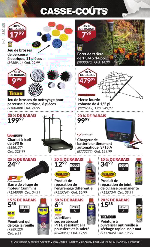 Produits variés avec rabais dans la Circulaire Princess Auto, page 26 Circulaire Princess Auto - Casse-Coûts. Cette page présente plusieurs produits avec différents rabais. On trouve notamment un chargeur de batterie entièrement automatique à 99,99 $, un jeu de brosses de nettoyage pour perceuse électrique de 6 pièces à 9,99 $, et une herse lourde robuste de 4 1/2 pieds à 479,99 $. Aussi disponible, un lubrifiant sec en aérosol PTFE résistant à la poussière et à la saleté pour 6,44 $, et un produit de réparation de joint de culasse permanente à 34,99 $. Le foret de tarière de 1 3/4 x 14 po est proposé à 7,99 $, tandis qu'un autre jeu de brosses de perceuse électrique de 11 pièces coûte 17,99 $. De plus, le pénétrant qui déloge la rouille est à 5,88 $, et un chariot à baril de 590 lb est affiché à 199,99 $. Enfin, une barre de virage de moteur Cummins est à 24,99 $, ainsi qu'une peinture à pulvériser antirouille à séchage rapide, noir mat à 15,88 $, et un produit de réparation de l'engrenage différentiel à 12,99 $.
