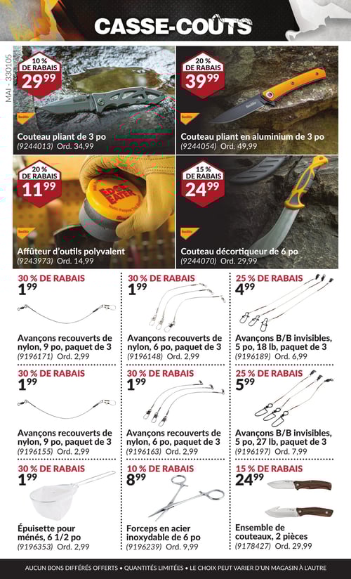 Articles de pêche et de plein air à prix réduits dans la Circulaire Princess Auto, page 31 Circulaire Princess Auto - Casse-Coûts. Page présentant divers outils dont l'épuisette pour méné, 6 1/2 po à 1,99 $, l'affûteur d'outils polyvalent à 11,99 $, le couteau pliant en aluminium de 3 po à 39,99 $, ainsi que plusieurs avançons recouverts de nylon (9 po, paquet de 3 à 1,99 $ et autres variantes). On y trouve également des avançons B/B invisibles, 5 po 18 lb, paquet de 3 à 4,99 $, le forceps en acier inoxydable de 6 po à 8,99 $, le couteau pliant de 3 po à 29,99 $, le couteau décortiqueur de 6 po à 24,99 $, et un ensemble de couteaux, 2 pièces à 24,99 $.