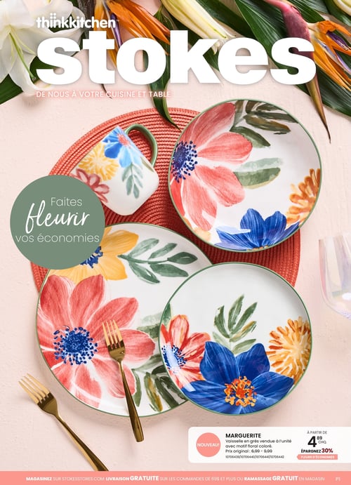 Découverte de vaisselle en grès colorée dans la Circulaire Stokes. Circulaire Stokes présentant une collection de vaisselle en grès aux motifs floraux colorés. Le produit 'Marguerite' est mis en avant, vendu à partir de 4,89 $ l'unité avec un rabais de 30 % sur le prix original de 6,99 $. La mise en scène inclut aussi des assiettes, un mug et des fourchettes dorées, disposées sur un ensemble de textiles colorés, soulignant l'invitation à faire fleurir vos économies.