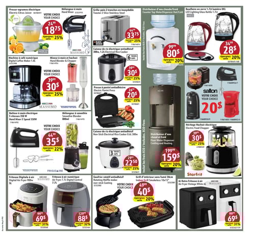 Appareils de cuisine en promotion dans la Circulaire Korvette (page 3) Page 3 de la circulaire Korvette valide du 8 mai 2025 au 14 mai 2025. Publications incluant plusieurs appareils de cuisine : Presse-agrumes électrique à 18,75 $ avec 25 % de rabais, Mélangeur à main à 30 $ avec 25 % de rabais, Grille-pain à 33,75 $ avec 25 % de rabais, Distributeur d'eau chaude/froide à 80 $ avec 20 % de rabais, Bouilloire en verre à 80 $ avec 20 % de rabais, Machine à café numérique à 30 $ avec 25 % de rabais, Presse à panini à 20 $ avec 25 % de rabais, Mixeur de cuisine à 35 $ avec 22 % de rabais, Friteuse digitale à air à 69 $ avec 31 % de rabais et d'autres appareils variés.