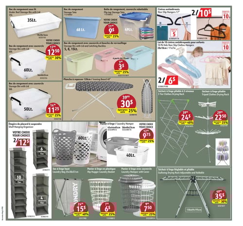 Bacs de rangement et accessoires dans la Circulaire Korvette (page 5) Page de la circulaire Korvette du 8 au 14 mai 2025. Produits présentés : Bac de rangement sous lit 35 L à 35 $, Bac de rangement 68 L à 9 $ avec 25 % de rabais, Bac de rangement avec couvercle 60 L à 12,50 $ avec 30 % de rabais, Bac de rangement 50 L à 11,25 $ avec 25 % de rabais, Planche à repasser 120 cm à 30 $ avec 25 % de rabais, Étagère de placard à suspendre à 12 $ avec 6 niveaux, Panier à linge 60 L à 9,75 $ avec 25 % de rabais, Séchoir à linge pliable 3 niveaux à 24 $ avec 40 % de rabais, Séchoir à linge pliable à 22,50 $ avec 40 % de rabais, Sac de linge à 15 $ avec 25 % de rabais, Panier à linge en plastique à 6 $ avec 25 % de rabais, Panier à linge avec couvercle à 7,50 $ avec 25 % de rabais, Séchoir à linge réglable et pliable à 35 $.