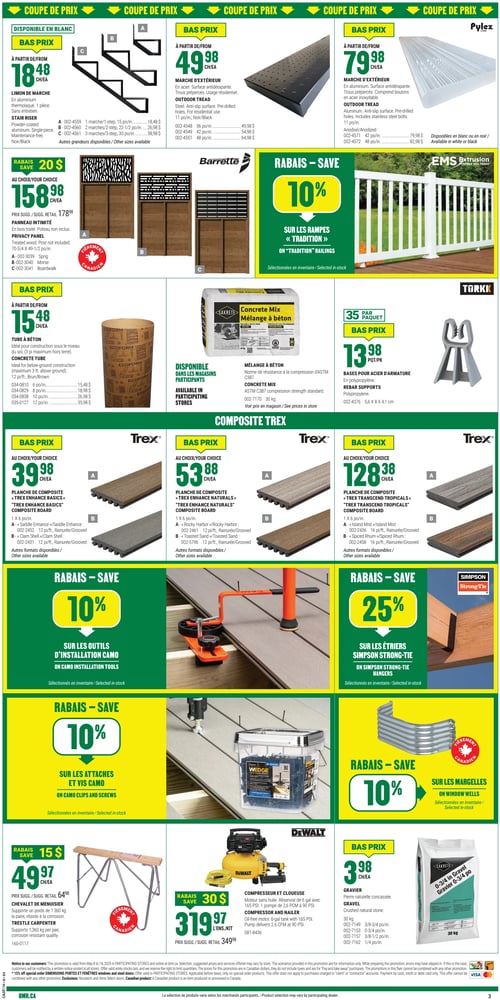 Produits de construction et de rénovation dans la Circulaire BMR (page 5) Circulaire BMR - Page 5. Présentation de divers produits de construction et de rénovation. On y trouve le compresseur et cloueuse à 319,97 $, le tube à béton à partir de 15,48 $, la planche de composite 'Trex Enhance Naturals' à 53,88 $, le mélange à béton, le limon de marche à partir de 18,48 $, le gravier à 3,98 $, le chevalet de menuisier à 49,97 $, la planche de composite 'Trex Transcend Tropicals' à 128,38 $, le marche d'extérieur à partir de 49,98 $, la planche de composite 'Trex Enhance Basics' à 39,98 $, et le marche d'extérieur à partir de 79,98 $. D'autres produits incluent des bases pour acier d'armature à 13,98 $, le panneau d'intimité à 158,98 $, ainsi que des rabais de 10 % sur les outils d'installation Camo et les attaches et vis Camo.