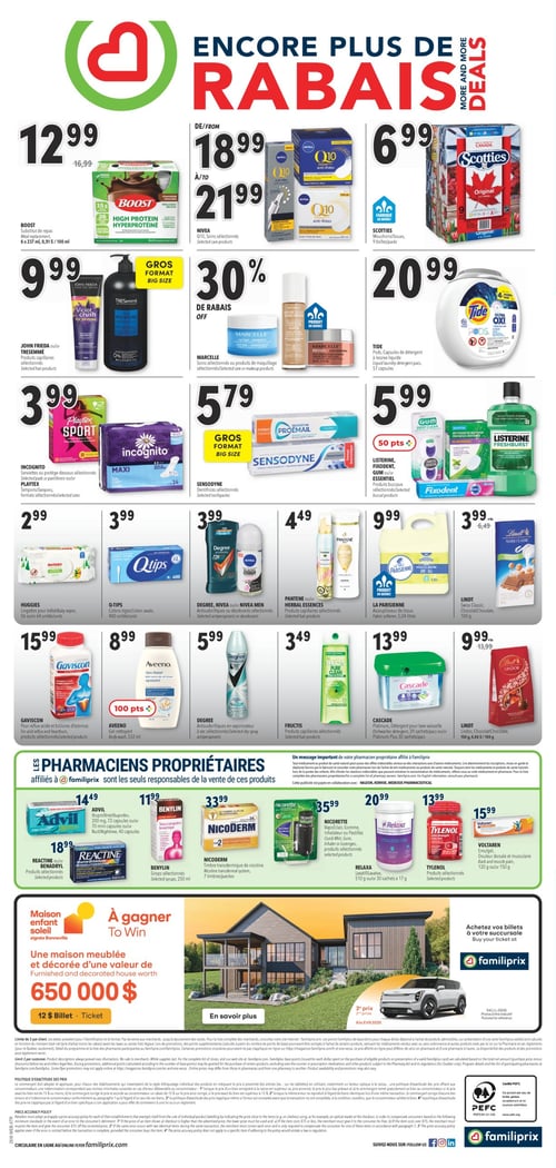 Offres sur les soins et hygiène à Familiprix, page 2. Circulaire Familiprix, page 2. Une sélection de produits incluant des offres sur divers articles de soins et d'hygiène. Les prix affichés incluent : Advil Liqui-Gels capsules d'ibuprofène à 14,49 $, John Frieda Violet Crush shampoing mauve intense à 9,99 $, BENYLIN sirops sélectionnés à 11,99 $, Nivea Black & White antisudorifique invisible à bille à 3,99 $, SENSODYNE dentifrices à 5,79 $, Lindt Swiss Classic chocolat au lait avec noisettes à 3,99 $, MARCELLE soins sélectionnés ou produits de maquillage, Gaviscon antiacide extra fort mélange de fruits à 15,99 $, TIDE Pods capsules de détergent à lessive à 20,99 $, NICODERM timbres transdermiques de nicotine à 33,99 $, Garnier Fructis Pure Clean shampooing à 3,49 $, et d'autres produits variés. Découvrez aussi le programme de récompenses et les offres spéciales de la semaine.
