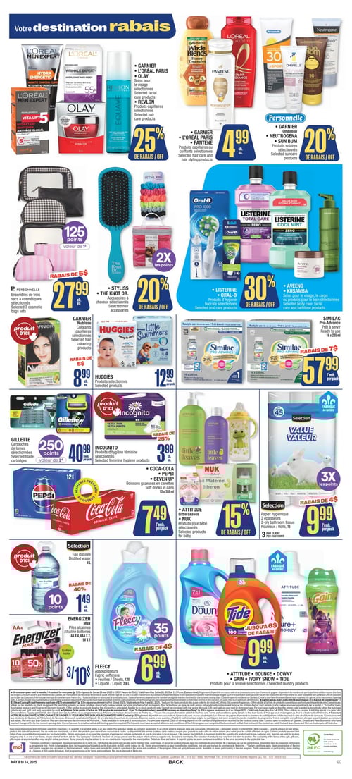 Offres sur soins et produits divers chez Jean Coutu - Page 3 Circulaire Jean Coutu, valide du 8 mai 2025 au 14 mai 2025. Page 3 présentant divers produits, notamment des soins solaires de GARNIER Ombrelle, NEUTROGENA et SUN BUM. GARNIER Nutrisse pour colorants capillaires à 8,99 $, produits d'hygiène féminine INCOGNITO à 3,99 $, ainsi que de l'eau distillée SELECTION à 1,49 $. Des produits capillaires GARNIER, L'ORÉAL PARIS et PANTENE sont proposés à 4,99 $. Pour l'hygiène buccale, on trouve LISTERINE et ORAL-B. La préparation SIMILAC Pro-Advance à 57,99 $, ainsi que des produits HUGGIES à 12,99 $. Des produits de soins pour le visage et le corps AVEENO et KUSAMBA, un papier hygiénique SELECTION à 9,99 $, et des boissons gazeuses comme COCA-COLA, PEPSI et SEVEN UP à 7,49 $. Également, des ensembles de sacs cosmétiques PERSONNELLE à 27,99 $, et des accessoires de cheveux STYLISS et THE KNOT DR. Des produits pour bébé ATTITUDE Little Leaves et NUK. Les produits de lessive ATTITUDE, BOUNCE, DOWNY, GAIN, IVORY SNOW et TIDE à 9,99 $. Les cartouches de lames GILLETTE à 40,99 $ et des assouplisseurs FLEECY à 6,99 $. Piles alcalines ENERGIZER Max à 10,00 $.