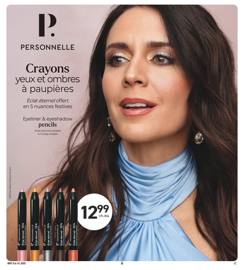 Crayons yeux et ombres à paupières Personnelle chez Jean Coutu - Page 8 Circulaire Jean Coutu - Page 8. Découverte des crayons yeux et ombres à paupières de la marque Personnelle, disponibles en cinq nuances festives. Le prix de ces crayons est de 12,99 $ chacun. La page présente un modèle avec un maquillage élégant mettant en valeur les crayons, ajoutant une touche de style à votre routine beauté.