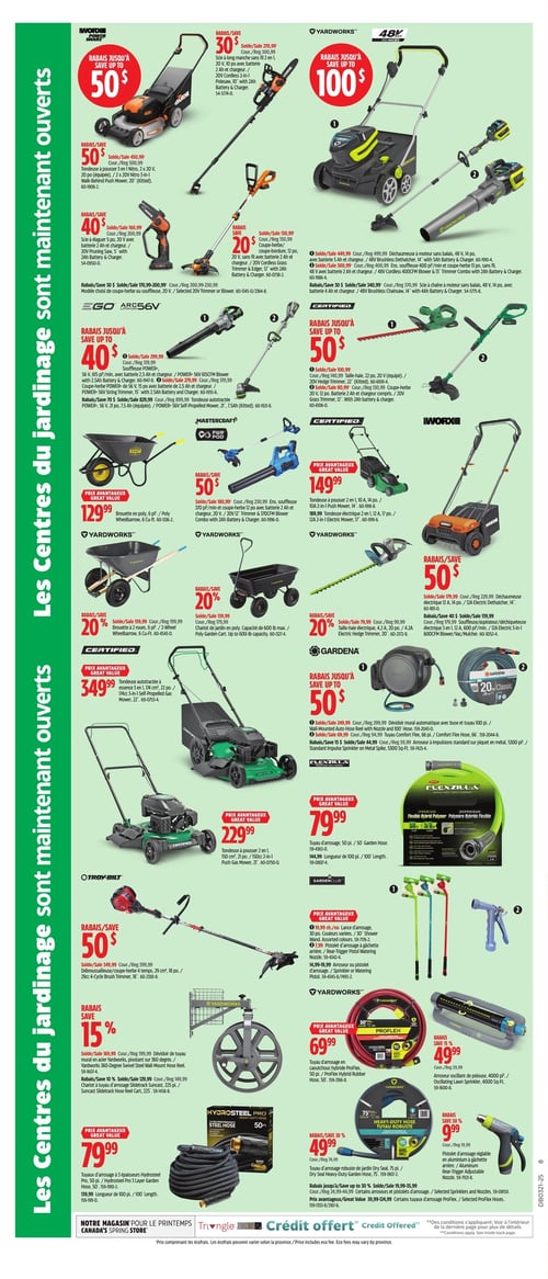 Outils de jardinage en promo pour le printemps chez Canadian Tire (page 5) Page de la circulaire Canadian Tire, valide du 15 mai 2025 au 21 mai 2025, présentant divers outils de jardinage avec des rabais. On y trouve une tondeuse à gazon Yardworks à 100 $ de rabais, ainsi qu'une tondeuse électrique à 50 $. Le coupe-bordures EGO est proposé avec un rabais de 20 $, et le souffleur à feuilles EGO à 40 $. D'autres articles incluent des brouettes Yardworks à 129,99 $, et des tuyaux d'arrosage Flexzilla à 79,99 $. Le dévidoir d'arrosage se vend à 50 $ de rabais, et le taille-haie Yardworks à 50 $. La page présente également divers accessoires comme les buses et les raccords de jardin, avec une mention de rabais allant jusqu'à 50 $.
