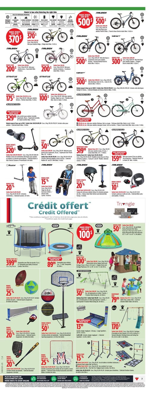 Équipements de loisirs et articles de plein air à prix réduit chez Canadian Tire (page 13) Circulaire Canadian Tire, page 13. Cette page présente une sélection de vélos, trottinettes et équipements de loisirs. On y trouve des vélos Raleigh avec des rabais allant jusqu'à 500 $, des trottinettes Razor à partir de 20 $ et des trampolines de la marque JumpTastic à 399,99 $. Des vélos pour enfants sont également proposés, avec des prix variant, ainsi que divers équipements de sport et de plein air. Les produits incluent des accessoires comme des casques, des sièges pour enfants et un trampoline pour enfants à 89,99 $. De plus, il y a des jeux d'extérieur, des paniers de basket à prix réduit et d'autres articles de loisirs attractifs.