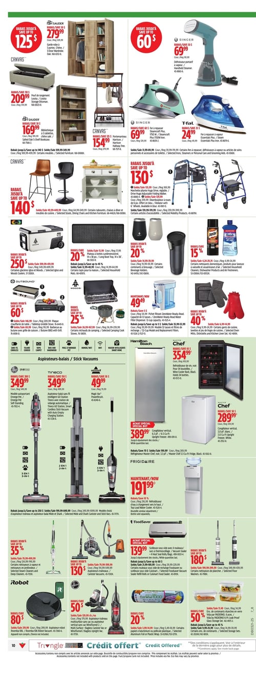 Produits pour la maison et appareils ménagers en promotion chez Canadian Tire (page 17) Page 17 de la circulaire Canadian Tire valide du 15 mai 2025 au 21 mai 2025. Cette page présente plusieurs articles en promotion, notamment le canapé de la marque Canvas pour 279,99 $ et l'unité de rangement Louisa à 209,99 $. La bibliothèque Harrison est offerte à 154,99 $. Parmi les appareils, on trouve le défroisseur portatif Singer à 69,99 $ et le fer à repasser à 69,99 $, ainsi que le fer à repasser vapeur T-fal à 24,99 $. Les tabourets de cuisine sont à partir de 49,99 $ et le chariot de marche est à 130 $. Les produits de la maison incluent un plateau Long Dock à 1,39 $ et un pot à déchets à 19,99 $. Les aspirateurs sont en promotion, notamment le modèle avec auto-nettoyage à 349,99 $ et un autre modèle à 49,99 $. Enfin, plusieurs autres articles comme des réfrigérateurs et des appareils ménagers sont également proposés avec des rabais allant jusqu'à 250 $. Les prix et les rabais sont clairement indiqués.