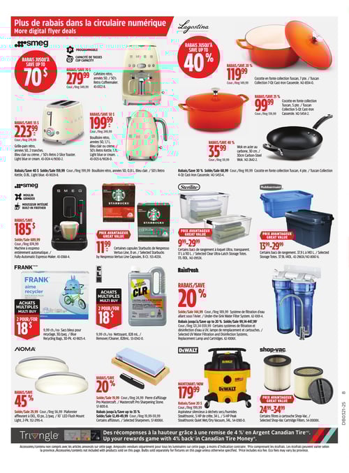 Articles de cuisine et de nettoyage à prix réduits chez Canadian Tire (page 18) Circulaire Canadian Tire, page 18. Cette page présente divers articles de cuisine et de nettoyage, incluant l'appareil à café Smeg à 185 $, et le grille-pain Smeg à 223,29 $. On trouve également des casseroles Lagostina avec des rabais allant jusqu'à 40 %, tel que la cocotte en fonte à 119,99 $ et la poêle à 35,99 $. Les capsules de café Starbucks Ne Espresso, vendues à 11,79 $, sont aussi mises en avant. Les contenants de rangement Sterilite se déclinent à partir de 9,99 $. D'autres articles incluent le système de filtration d'eau Rainfresh à 144,99 $ et le nettoyeur Shop-Vac au prix de 249,99 $.