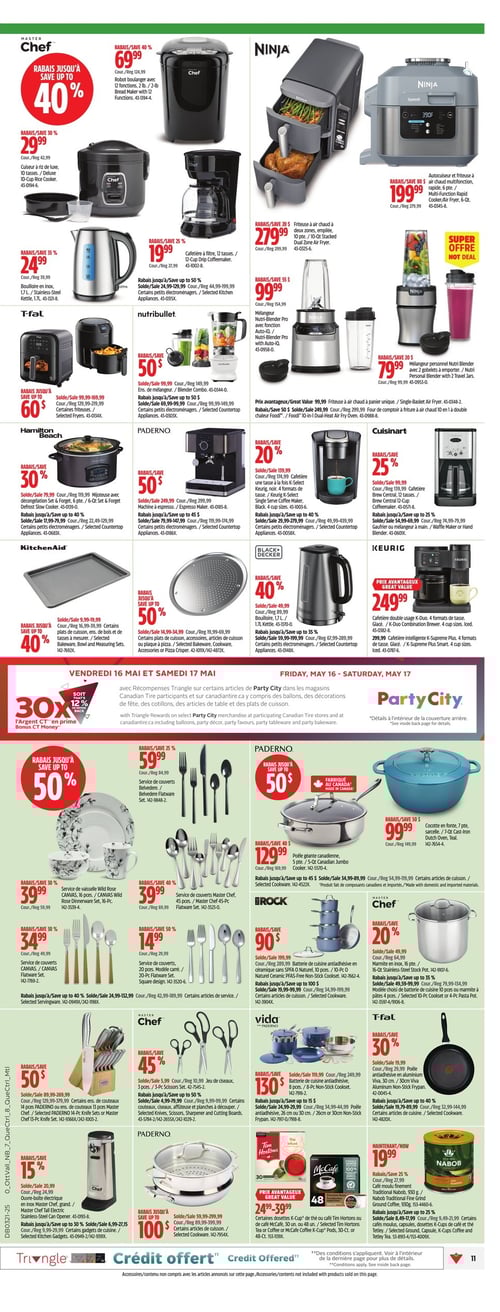 Promotions sur appareils de cuisine et accessoires variés chez Canadian Tire (page 19) Circulaire Canadian Tire. Cette page présente une sélection d'appareils de cuisine et d'ustensiles avec des rabais allant jusqu'à 80 %. Parmi les produits, on retrouve le robot boulanger Chef à 69,99 $ avec un rabais de 40 %, la cafetière filtre à 24,99 $ avec 35 % de rabais, ainsi que la friteuse à air Ninja à 279,99 $, économisant 80 %. Le multi-cuiseur Ninja est affiché à 199,99 $, tandis que le mélangeur NutriBullet est à 79,99 $ avec 20 % de rabais. On y voit aussi des produits Hamilton Beach, Paderno, et des accessoires de cuisine KitchenAid en rabais. De plus, des articles Party City sont proposés avec des rabais allant jusqu'à 50 %. Plusieurs des articles sont étiquetés avec des réductions significatives, visant à offrir des économies sur des articles de cuisine et de décor. La page comprend également des promotions sur les accessoires de cuisine, des ustensiles et des appareils électroménagers divers.