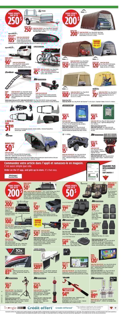 Accessoires automobiles et équipements variés à prix réduits chez Canadian Tire (page 26) Circulaire Canadian Tire : Découvrez une variété d'articles en promotion incluant une remorque utilitaire Galvanisé à 250 $, un abri auto à 200 $, et plusieurs produits de rangement. Les offres incluent également des accessoires de remorquage, une bâche étanche à 20 % de rabais, ainsi que des couvertures et des tapis de voiture. Retrouvez des prix allant de 15 $ pour des outils, jusqu'à 389,99 $ pour un système de gabarit. Profitez d'un grand choix d'articles de qualité allant des tentes aux accessoires automobiles. Valide du 15 mai 2025 au 21 mai 2025.