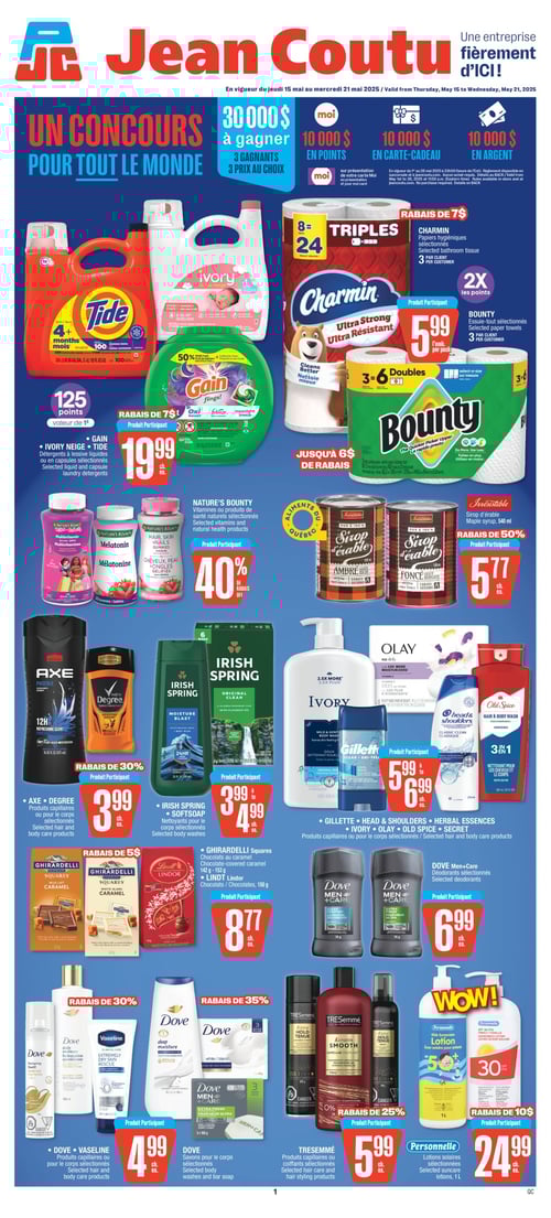 Une sélection variée de produits essentiels chez Jean Coutu, page 1 Circulaire Jean Coutu - Page 1. Découverte de produits variés incluant des essuie-tout Bounty à 5,99 $, des produits capillaires Gillette, Head & Shoulders, Herbal Essences, Ivory, Olay, Old Spice, et Secret aussi à 5,99 $. Chocolats Ghirardelli Squares au caramel et Lindt Lindor à 8,77 $. Savons pour le corps Dove à 4,99 $. Sirop d'érable à 5,77 $. Nettoyants pour le corps Irish Spring et Softsoap à 3,99 $. Lotions solaires Personnelle à 24,99 $. Produits capillaires et pour le corps Dove et Vaseline à 4,99 $. Détergents à lessive Gain, Ivory Neige, Tide à 19,99 $. Produits capillaires Axe et Degree à 3,99 $. Vitamines ou produits de santé naturels Nature's Bounty. Produits capillaires et coiffants Tresemmé à 5,99 $. Papiers hygiéniques Charmin à 5,99 $. Déodorants Dove Men+Care à 6,99 $.