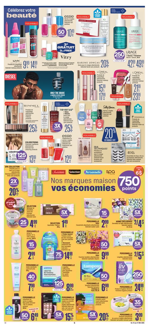 Produits de beauté, maquillage et soins pour bébés chez Jean Coutu (page 7) Circulaire Jean Coutu. Page avec une variété de produits de beauté et d'hygiène. Inclut les soins pour le visage Karine Joncas, avec un rabais de 20 %. Les produits de maquillage NYX à 9.99 $, L'Oréal Paris à 21.99 $ et essie à 12.49 $. Le colorant capillaire Clairol Colorstrong à 13.99 $. Les soins pour le visage Reversa avec une offre. Les produits Uriage, Hyseac et Roseliane à 42.99 $. Plusieurs produits pour bébés dont des coussinets absorbants à 2.99 $ et des lingettes à 5.00 $. Un désinfectant à friction Personnel à 2.99 $ et des tampons dissolvants à 3.99 $. Un mélange de friandises Selection à 4.99 $. Les ensembles de faux-cils Ardell et divers produits de maquillage sont aussi présentés.