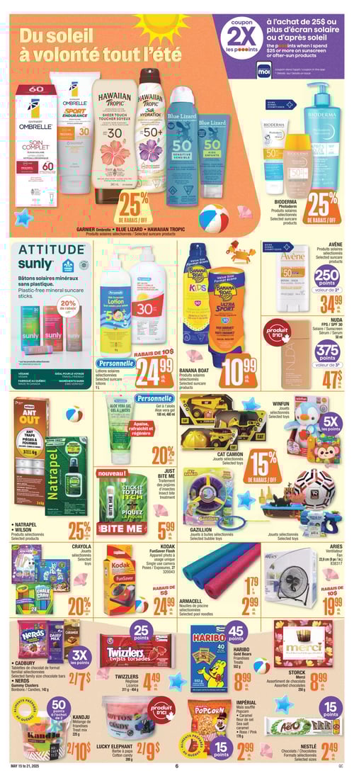 Divers produits solaires et friandises à découvrir chez Jean Coutu (page 8) Circulaire Jean Coutu - Page 8. La page présente divers produits solaires comme AVÈNE à 34,99 $, ATTITUDE SUNLY, et BIODERMA. On trouve également des options de répulsifs comme NATRAPEL de WILSON et le traitement des piqûres d'insectes JUST BITE ME à 5,99 $. Les friandises HARIBO sont à 8,99 $ et STORCK propose un assortiment de chocolats au même prix. Le maïs soufflé IMPÉRIAL est disponible pour 2,99 $ tandis que les jouets sélectionnés incluent CAT CAMION et GAZILLION. ARMACELL vend des nouilles de piscine pour 1,79 $, et les chocolats NESTLÉ sont à 2,49 $. Les produits solaires de BANANA BOAT sont affichés à 10,99 $, tandis que le sérum solaire NUDA coûtent 47,00 $. Les lotions solaires PERSONNELLE sont à 24,99 $. On trouve aussi CRAYOLA et KODAK FunSaver à 24,99 $, ainsi que LUCKY ELEPHANT à 9,00 $ et un mélange de friandises KANDJU à 10,00 $. Les jouets et produits WINFUN sont également en promotion.