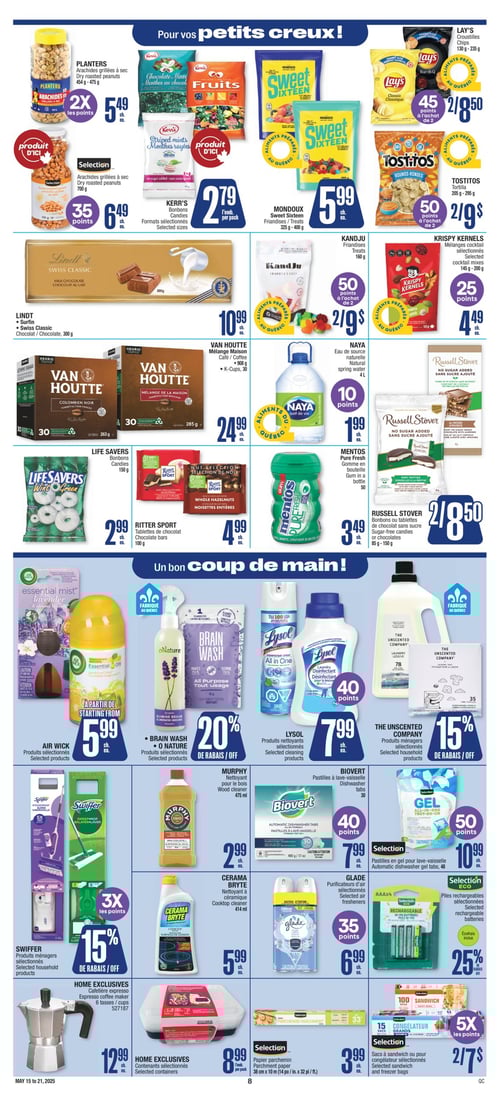 Mélanges de snacks et produits ménagers en promo chez Jean Coutu (page 10) Circulaire Jean Coutu, page 10. Pour vos petits creux, découvrez une variété de produits, incluant les mélanges cocktail Krispy Kernels à 4,49 $, les produits sélectionnés Air Wick à 5,99 $, et les bonbons Kerr's à 2,79 $. Les friandises Mondoux Sweet Sixteen sont à 5,99 $. Profitez d'une réduction de 20 % sur les produits Brain Wash de O Nature. Les croustilles Lay's sont au prix de 8,50 $, tandis que le chocolat Lindt Swiss Classic est à 10,99 $. Découvrez également la cafetière expresso Home Exclusives à 12,99 $ et les sacs à sandwich ou pour congélateur Sélection à 7,00 $. Les bonbons ou tablettes Russell Stover sans sucre se vendent à 8,50 $, et les tablettes de chocolat Ritter Sport sont à 4,99 $. Les arachides grillées à sec Sélection sont à 6,49 $, et les friandises Kandju à 9,00 $. Le café Van Houtte Mélange Maison est à 24,99 $. Les produits nettoyants Lysol sont à 7,99 $, et les pastilles en gel pour lave-vaisselle Sélection coûtent 10,99 $, tout comme les pastilles à lave-vaisselle Biovert à 7,99 $. Les contenants sélectionnés Home Exclusives sont à 8,99 $, et l'eau de source naturelle Naya est à 1,99 $. Les arachides grillées à sec Planters coûtent 5,49 $, et les tortillas Tostitos sont à 9,00 $. Les produits ménagers sélectionnés The Unscented Company, le nettoyant pour le bois Murphy à 2,99 $, et le nettoyant à céramique Cerama Bryte à 5,99 $ sont également disponibles. Finalement, les piles rechargeables sélectionnées et le papier parchemin à 3,99 $. Bon shopping!