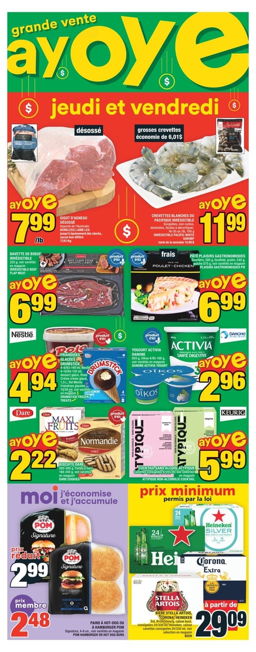 Offres sur viandes et produits variés dans la Circulaire Super C (page 2). Circulaire Super C - Page 2. Products include: Gigot d'agneau désossé à 7,99 $; Yogiurt Activia Danone à 2,96 $; Bavette de boeuf irrésistible à 6,99 $; Alcool non-alcoholic à 5,99 $; Pâté plaisirs gastronomiques à 6,99 $; Pains à hot-dog ou à hamburger POM à 2,48 $; Bières Stella Artois, Corona et Heineken à partir de 29,09 $; Crevettes blanches du Pacifique irrésistible à 11,99 $; Friandises glacées Drumstick à 4,94 $; Biscuits Dare à 2,22 $. Validité du 15 mai 2025 au 21 mai 2025.