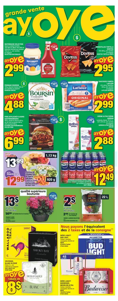 Sélection de produits alimentaires variés dans la Circulaire Super C (page 3). Circulaire Super C - Page 3. Produit en vedette incluant le porc effiloché Plaisirs Gastronomiques à 6,99 $, le terre à jardin Sélection à 2,00 $, les croustilles tortilla Doritos à 2,95 $, les saucisses fumées Lafleur à 2,99 $, la crème Ultra'Cream Québon à 2,88 $, la mayonnaise Sélection à 2,99 $, le fromage Boursin à 4,88 $, les boissons gazeuses Pepsi, Coke au prix de 12,49 $, la bière Labatt Bud Light à 67,48 $ et la bière Budweiser, Michelob Ultra à 70,48 $. Egalement disponible, le plateau de légumes ou de fruits Sun Rich à 12,99 $ et le panier fleuri à 13,00 $.