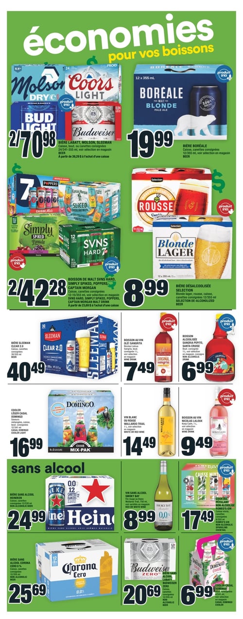 Économies sur boissons et produits alcoolisés dans la Circulaire Super C (page 12). Circulaire Super C - Page 12 : Économies sur une sélection de boissons. Inclut des produits tels que le cooler Casal Domingo à 6,99 $, la boisson au vin Nicolas Laloux à 9,49 $, le vin sans alcool Smoky Bay à 8,99 $, la bière sans alcool Corona Cero à 25,69 $, la boisson au vin Olé! Sangrita à 7,49 $, le cooler léger Casal Domingo à 16,99 $, la bière Boréale à 19,99 $, le vin blanc ou rouge Wallaroo Trail à 14,49 $, la bière sans alcool Heineken à 24,99 $, le cocktail pétillant non alcoolisé Romeo's Gin à 17,49 $, la bière sans alcool Labatt Budweiser Zero à 20,69 $, ainsi que la bière Labatt, Molson, Sleeman à 70,98 $. Présente également la bière désalcoolisée Sélection à 8,99 $, les boissons de malt SVNS Hard, Simply Spiked, Poppers, Captain Morgan à 42,28 $, et la bière Sleeman Clear 2.0 à 40,49 $. Les prix sont illustrés sur la page.
