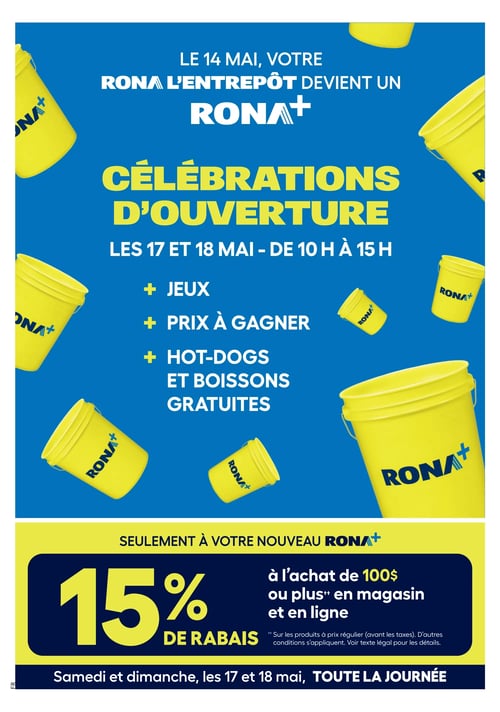 Promotions sur le jardinage et mobilier extérieur dans la Circulaire Rona Circulaire Rona - Page 2 : Découvrez des promotions intéressantes pour votre jardin. L'ensemble de conversation 4 morceaux 'Rôme' est à 379 $. Un rabais de 15 % est appliqué sur les meubles de jardin en stock. Les jardinières 'Harmony', 'Viva', 'Azura' et 'Oasis' bénéficient d'un rabais de 20 %. Les annuelles en panier suspendu de 11" sont à seulement 15 $. Offrez-vous des annuelles en pot de 1 quart à 2 pour 8 $. Profitez également des herbes et légumes à 3 pour 9 $. Enfin, le palmier 'Majesty' est proposé à 14,99 $, au lieu de son prix régulier de 24,99 $.