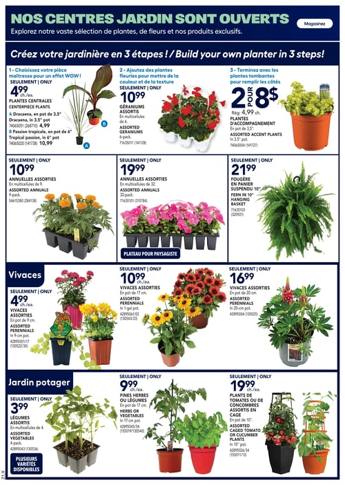 Promotions de jardin et plantes d'extérieur dans la Circulaire Rona (page 7) Page 7 de la circulaire Rona, valide du 15 mai 2025 au 21 mai 2025. Présentation des produits disponibles dans les centres jardin. Inclut des fougères en panier suspendu à 21,99 $, des fines herbes ou légumes à 9,99 $, des annuelles assorties à 19,99 $ et 10,99 $, ainsi que des légumes assortis à 3,99 $. Des vivaces assorties sont proposées à 4,99 $, 10,99 $ et 16,99 $. Les géraniums assortis sont disponibles à 10,99 $ et des plants de tomates ou de concombres assortis en cage à 19,99 $. Les plantes d'accompagnement sont à partir de 2 pour 8,00 $.
